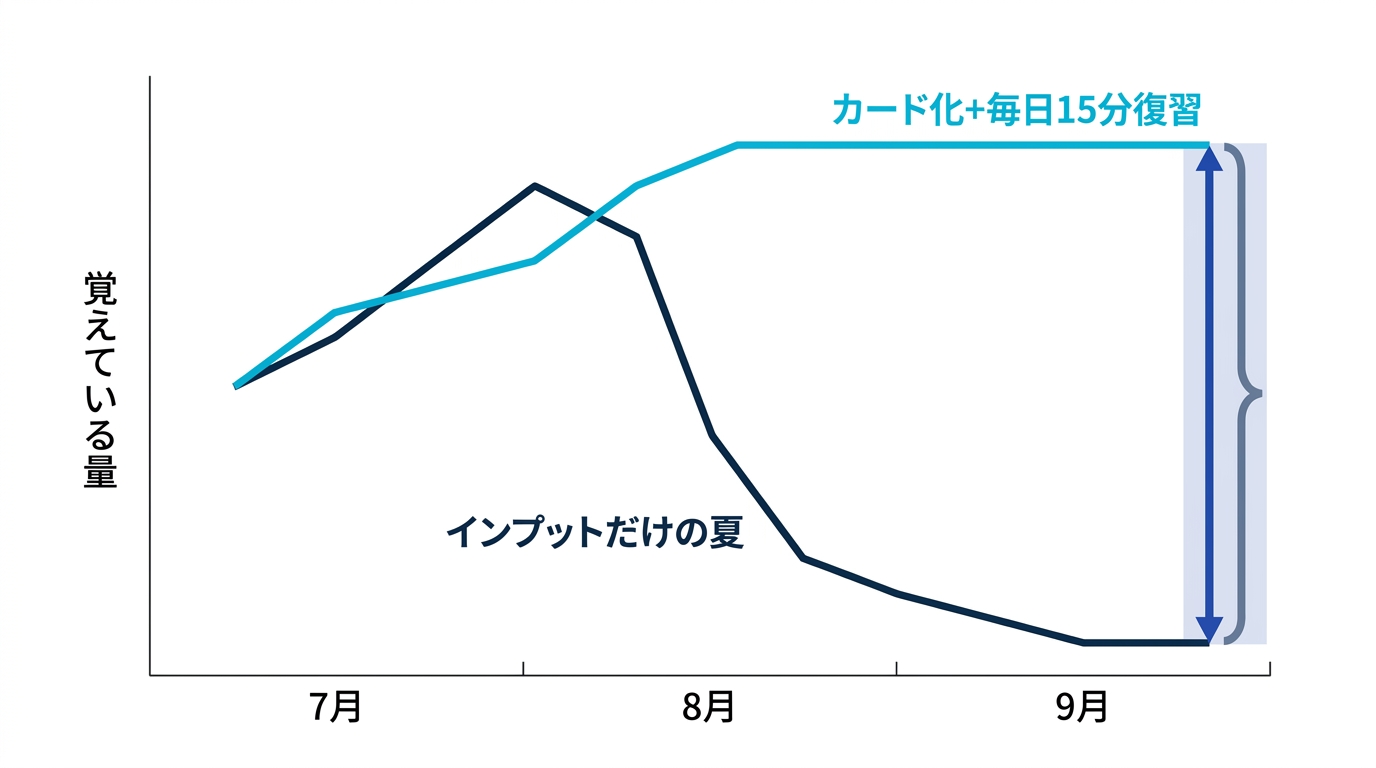8月の悲劇の図。インプットだけの夏は9月までに記憶が急降下するが、カード化と毎日復習をした夏は高い水準を維持する