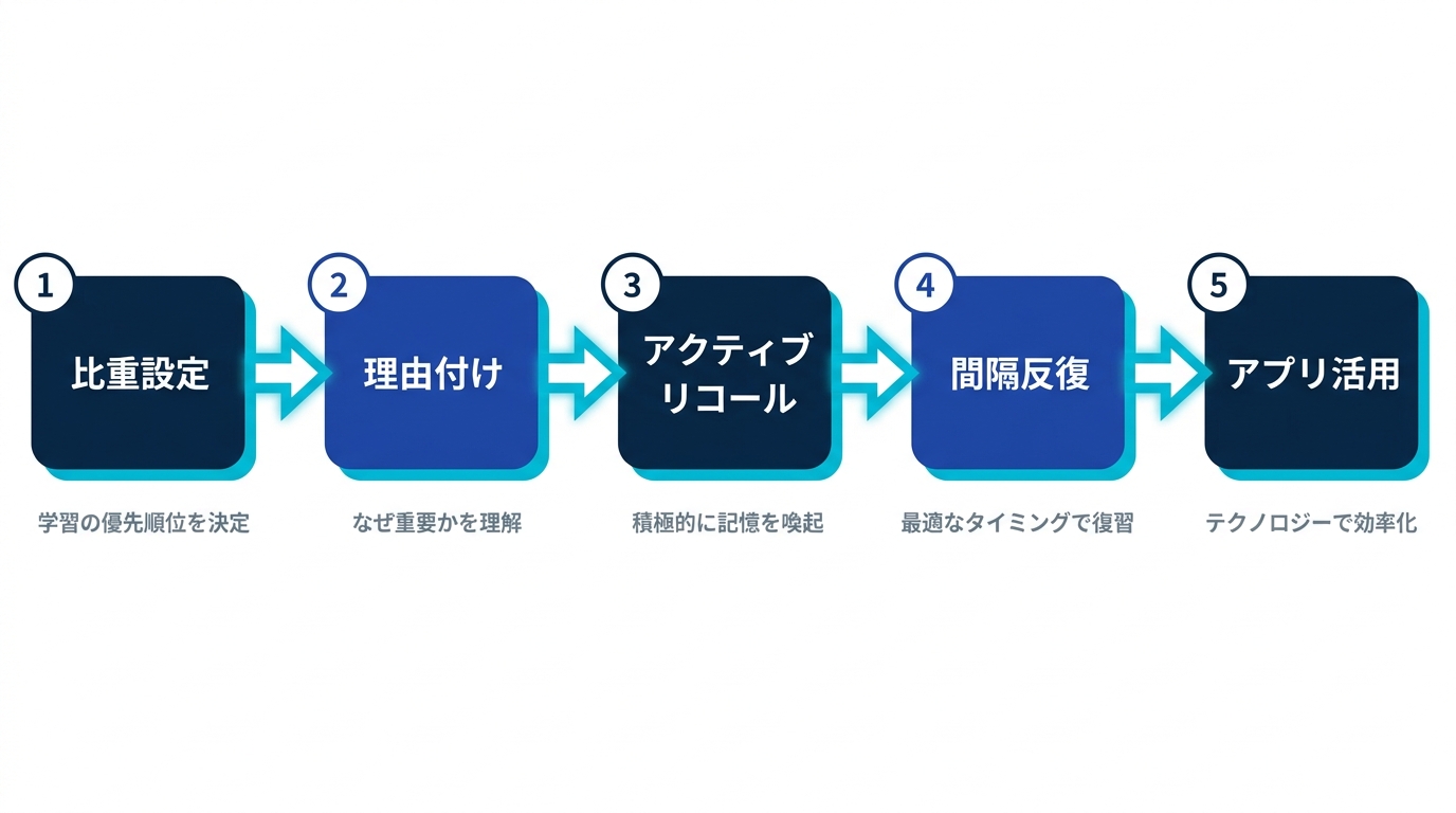 宅建の暗記を効率化する5ステップの全体像 - 配点に応じた優先順位付け、理由付け、アクティブリコール、間隔反復、ツール活用