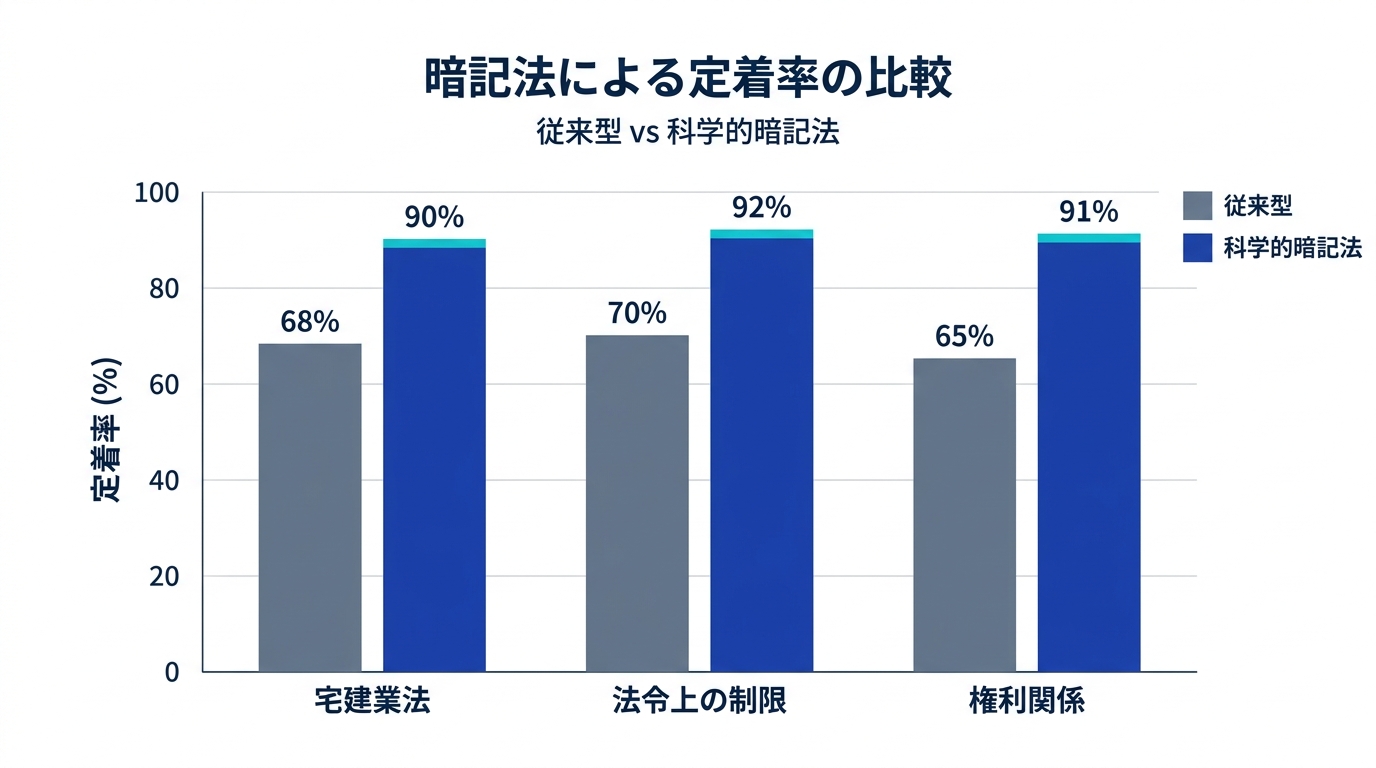 宅建の暗記法をBefore/Afterで比較した棒グラフ - 従来型と科学的暗記法の分野別定着率の差