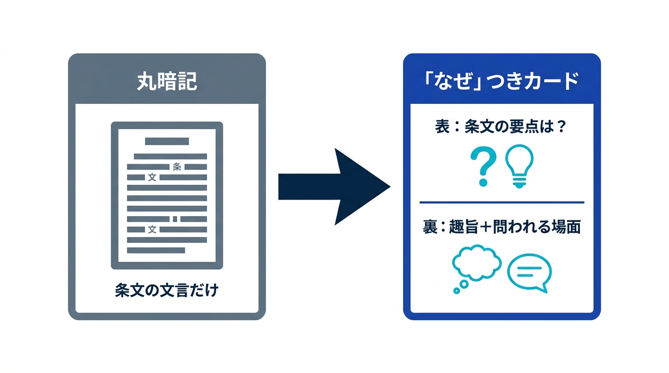 教育法規の条文を、条文の丸暗記ではなく趣旨や問われる場面とセットにした暗記カードへ変換する例