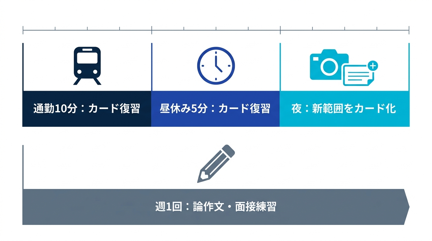 働きながら教員採用試験を目指す1日の学習ループ。通勤や昼休みのスキマ時間でカードを復習し、夜に新規範囲をカード化する