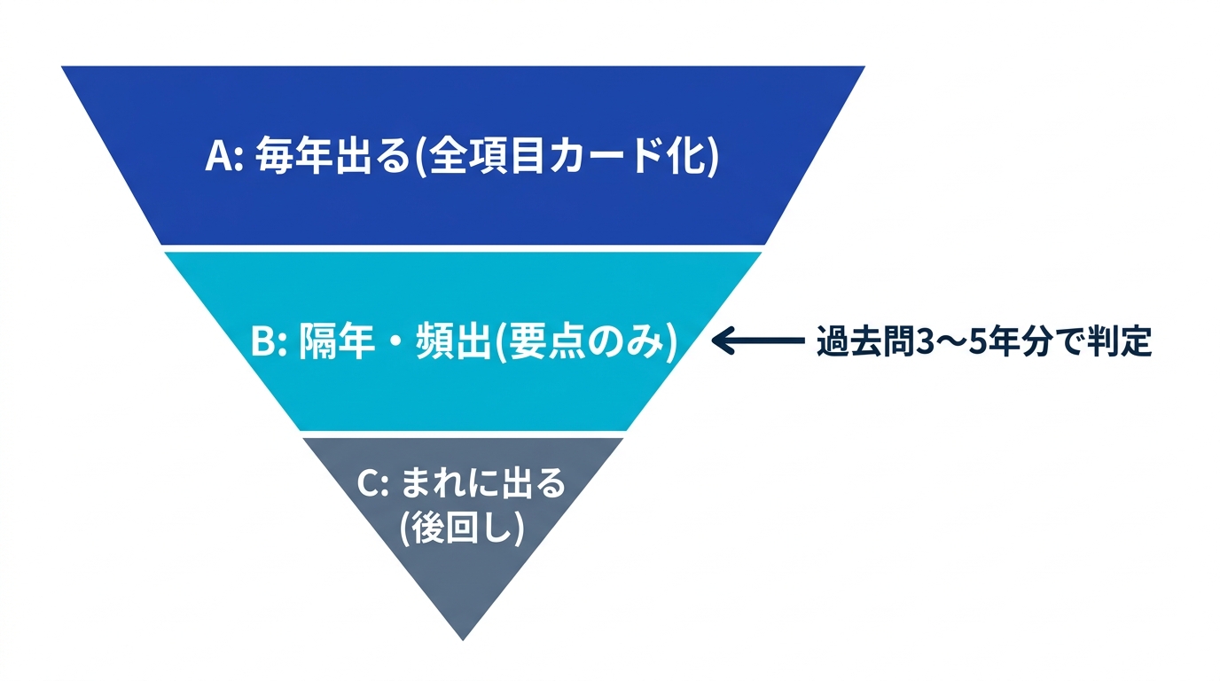 教員採用試験の出題領域を過去問の頻度でA、B、Cにトリアージし、Aから順にカード化する優先順位の図