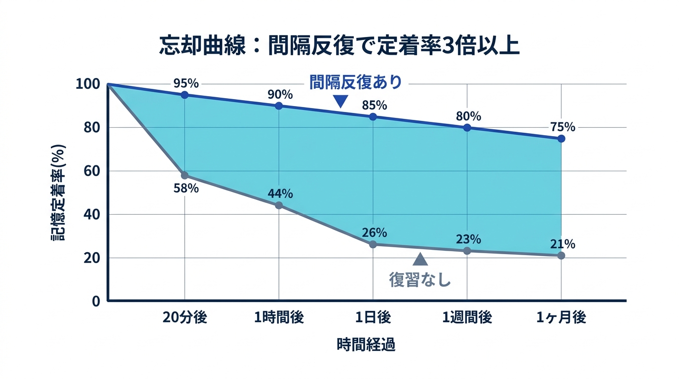 エビングハウスの忘却曲線 - 何もしない学習と間隔反復学習による1日後・1週間後・1ヶ月後の記憶定着率比較