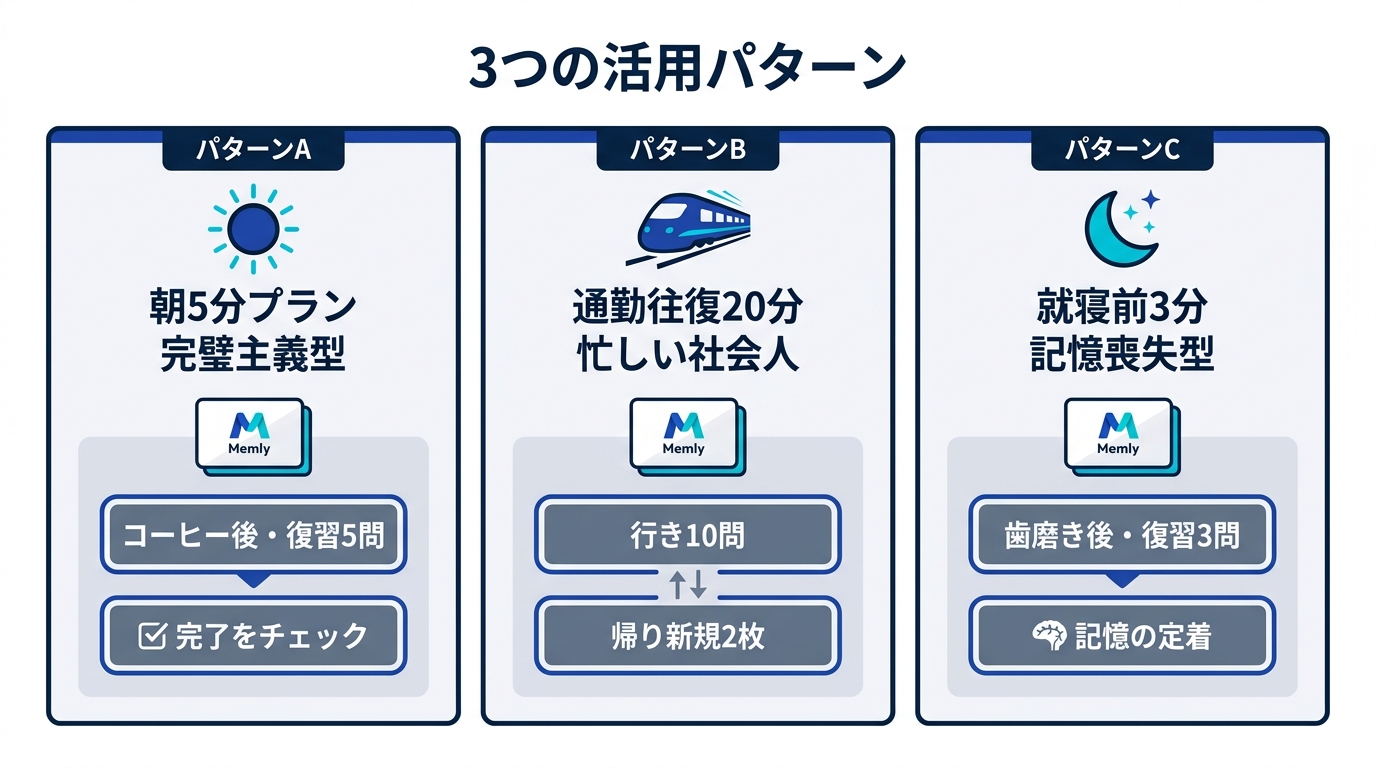 Memly活用3パターン - 朝5分・通勤10分・寝る前3分の学習ルーティンと忘却曲線連動