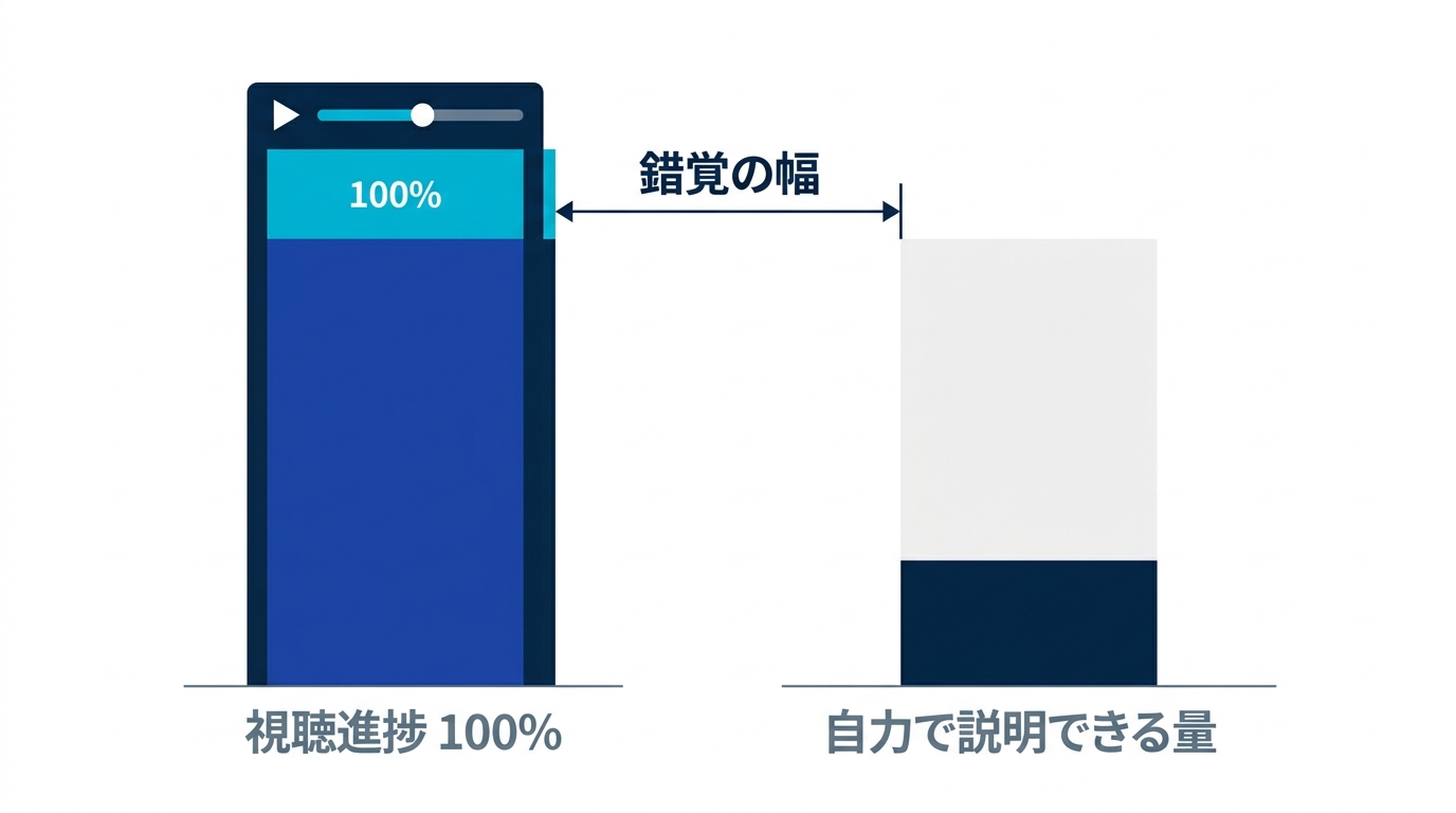 視聴進捗は100%なのに、自力で説明できる量はわずかしかないという映像学習の錯覚の幅を示す図