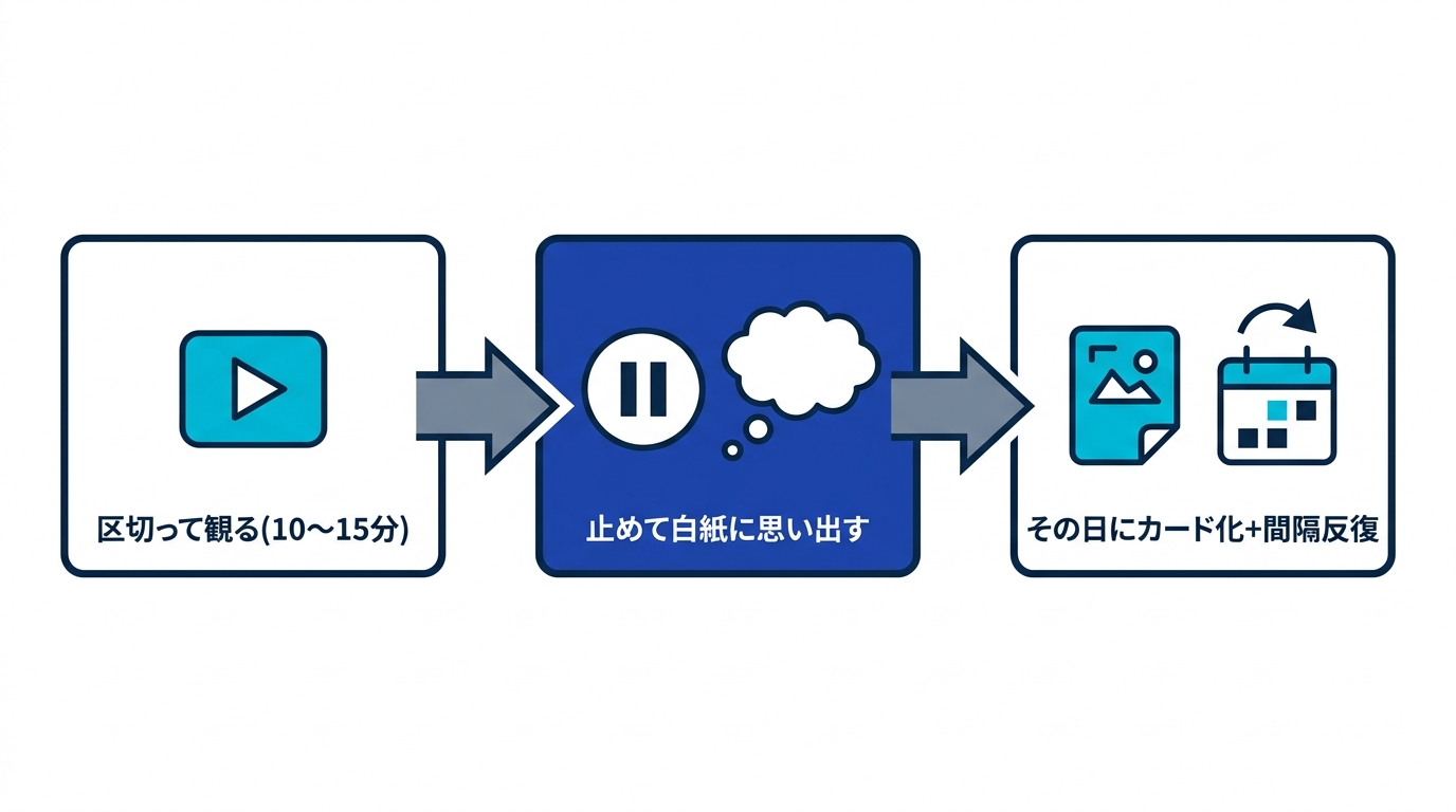 区切って観る、止めて白紙に思い出す、当日カード化して間隔反復に乗せるという映像学習の3ステップ