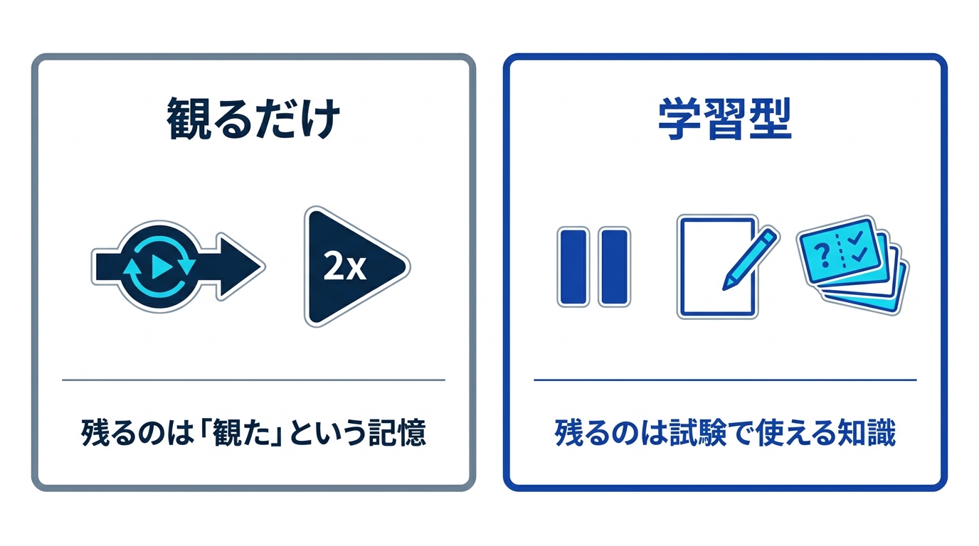 観るだけの視聴と学習型の視聴を対比し、1週間後に残るものの差を示す比較図