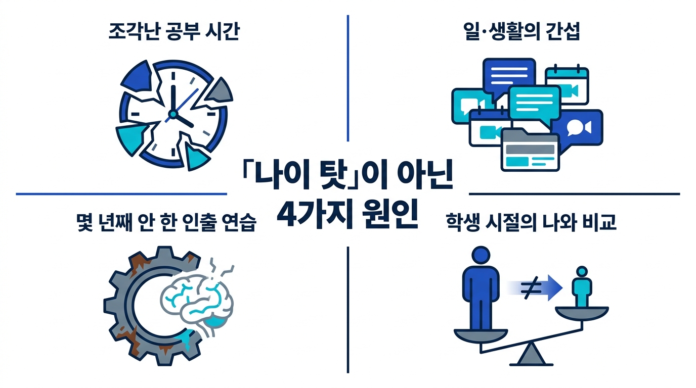 성인이 못 외운다고 느끼는 4가지 이유의 도식. 조각난 시간, 간섭, 인출 연습 부족, 학생 시절과의 불공평한 비교