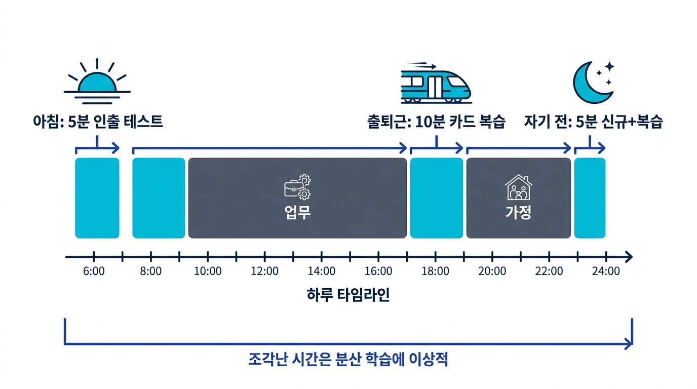 직장인의 하루 분산 복습 루틴. 아침 5분, 출퇴근 10분, 자기 전 5분으로 간격 반복을 돌린다