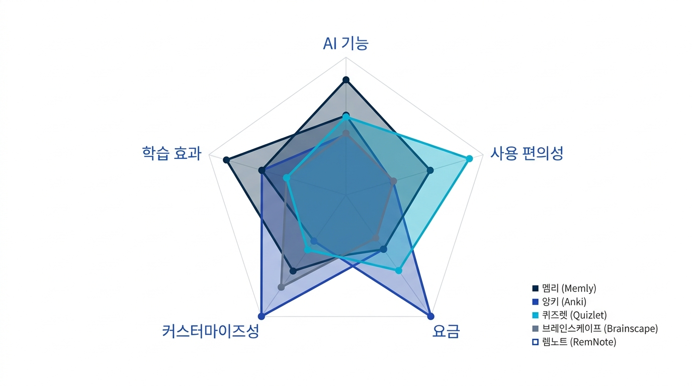 AI 암기 앱 5선의 레이더 차트 비교 - AI 기능, 사용 편의성, 요금, 커스터마이즈성, 학습 효과 5축 평가