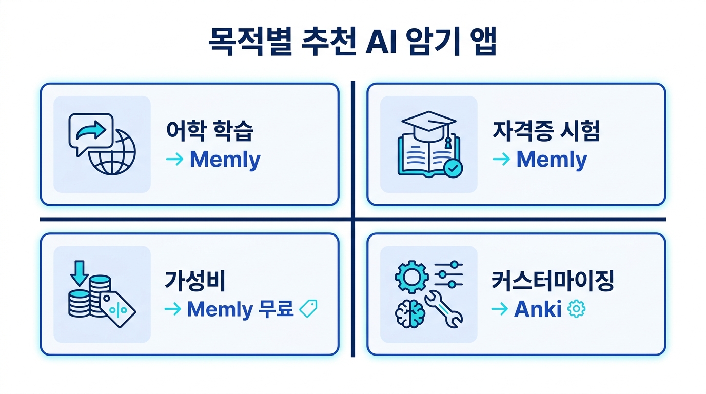 목적별 AI 암기 앱 추천 매트릭스 - 어학, 자격증 시험, 가성비, 커스터마이징 목적별 적합 앱 분류