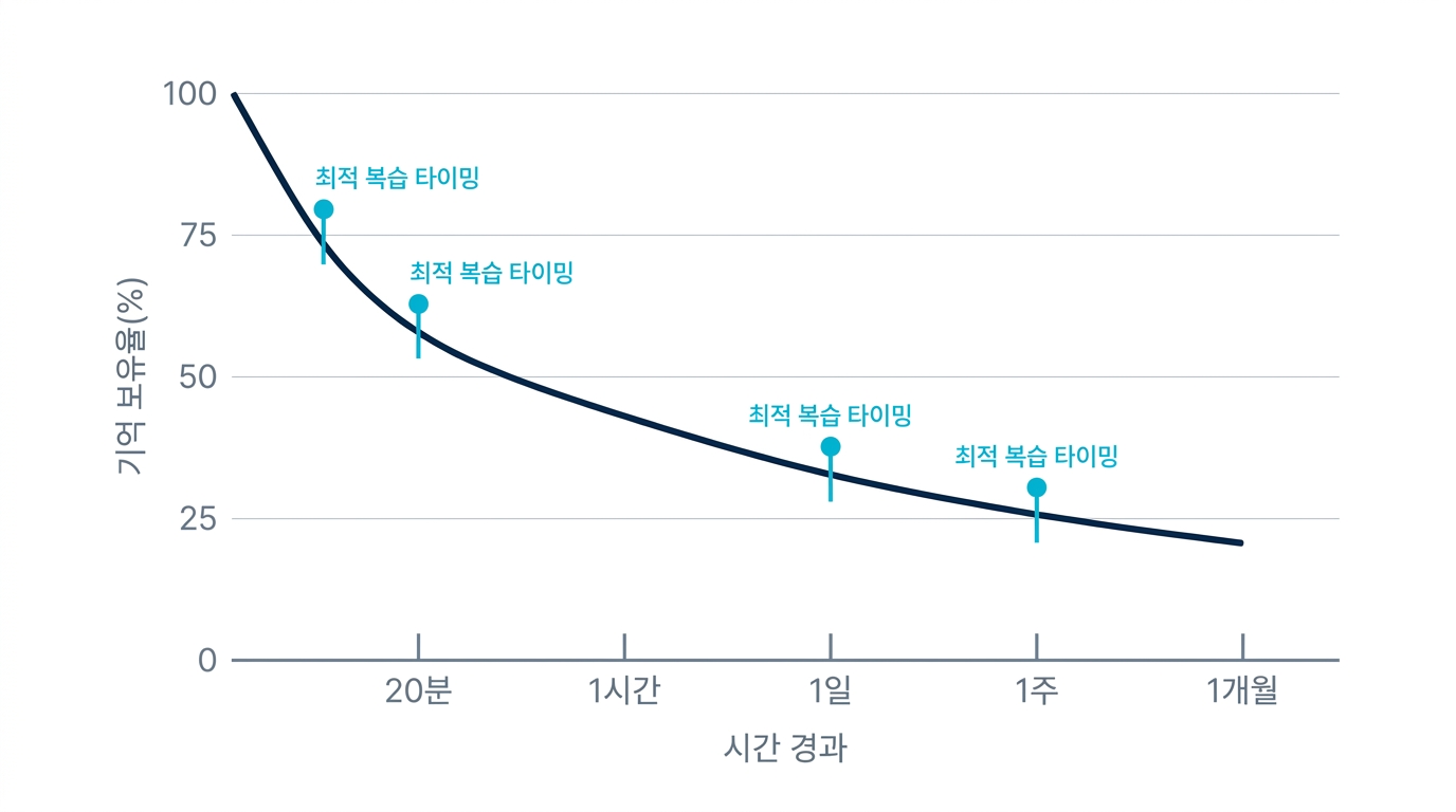 에빙하우스 망각곡선: 학습 후 시간 경과에 따른 기억 보유율 변화와 최적 복습 타이밍