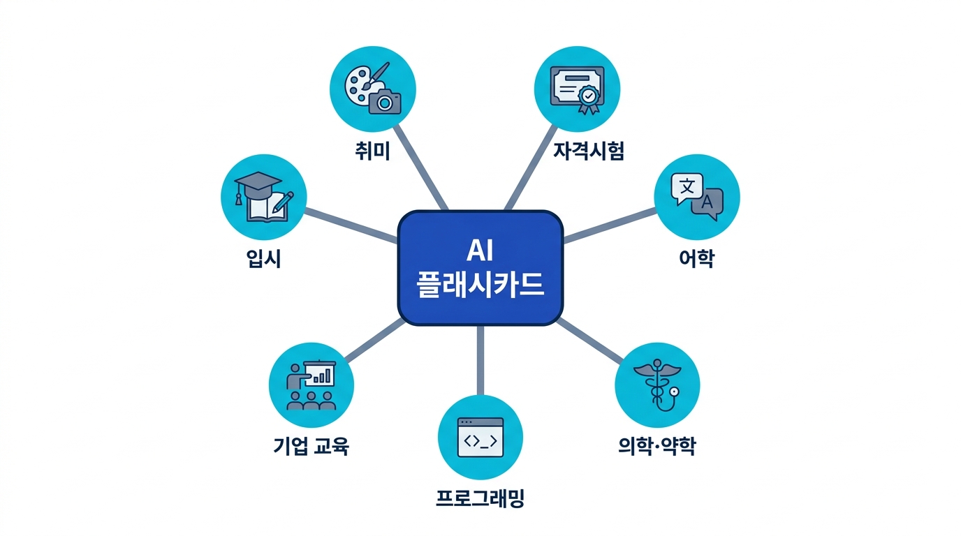 AI 플래시카드 활용 7가지 분야 개요 - 자격시험, 어학, 의학, 프로그래밍, 기업 교육, 입시, 취미