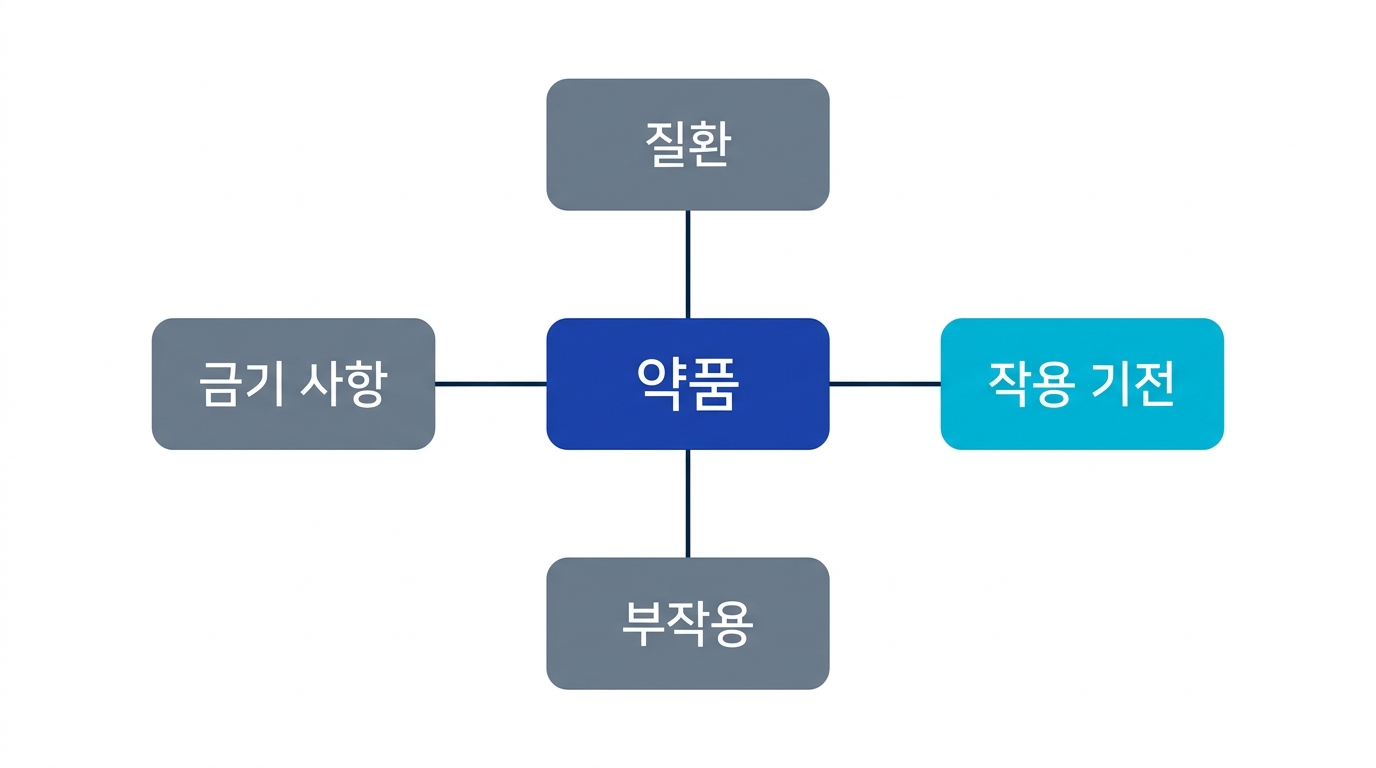 의학 학습에서 약품-질환-작용 기전-금기 사항이 연결된 지식 네트워크 다이어그램