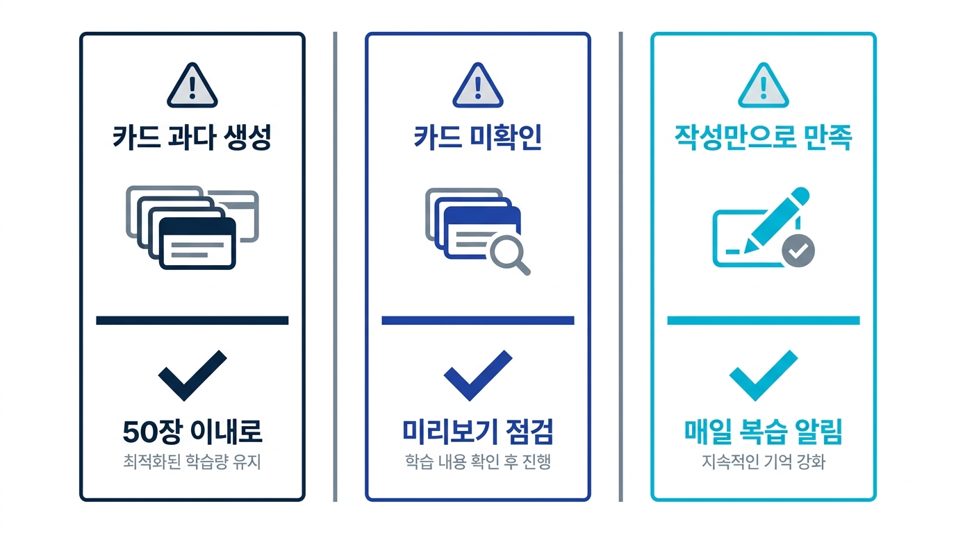 AI 플래시카드 작성에서 흔한 3가지 실패와 대책 - 과다 생성·미확인·작성만으로 만족의 문제와 해결책
