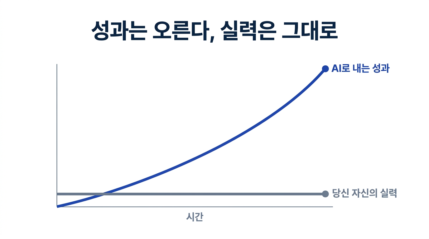 AI로 내는 성과는 치솟는 반면 당신 자신의 실력은 정체된 채임을 보여주는 꺾은선 그래프