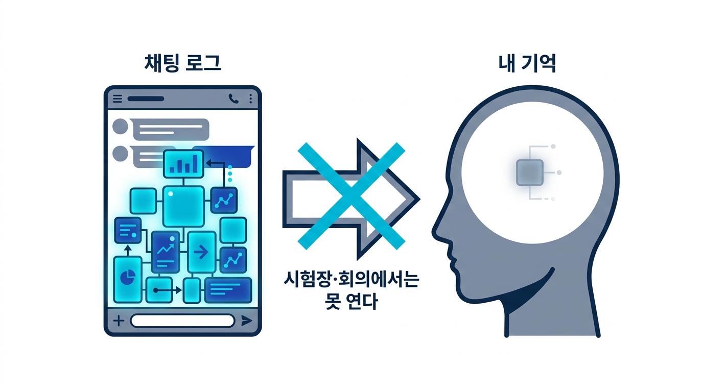 AI와의 대화 지식이 채팅 로그 쪽에만 쌓이고 내 머릿속에는 남지 않는 것을 보여 주는 대비 도식