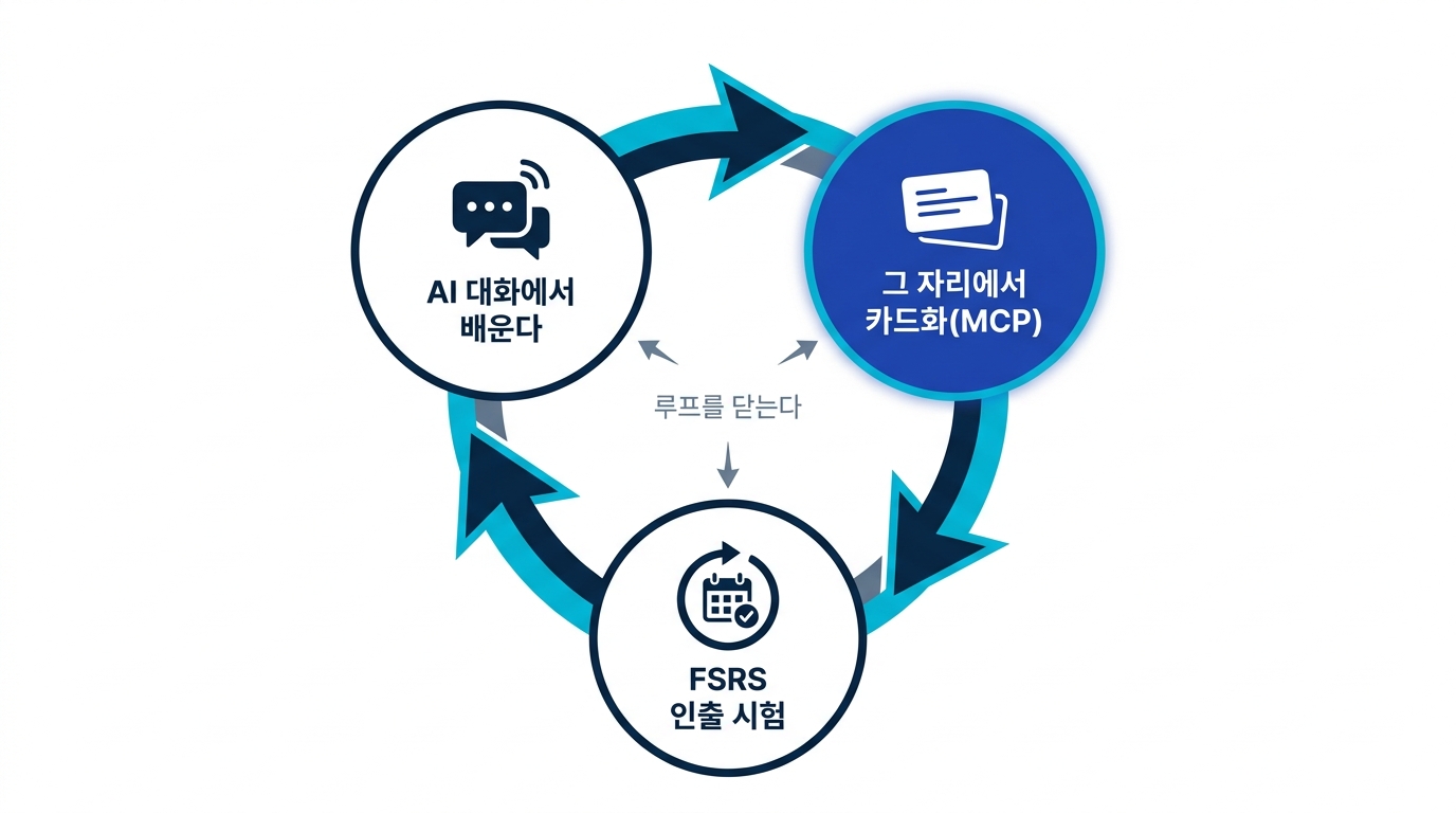 AI와의 대화에서 배우고, 그 자리에서 카드로 만들고, FSRS가 인출 시험을 자동화하는 루프를 닫는 3단계 도식