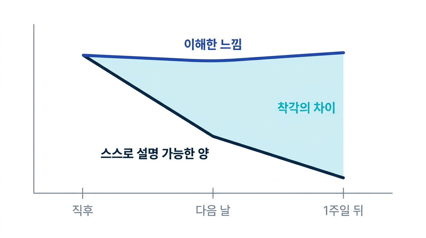 AI 설명 직후의 이해한 느낌과 1주일 뒤 스스로 설명할 수 있는 양의 낙차를 보여 주는 개념도