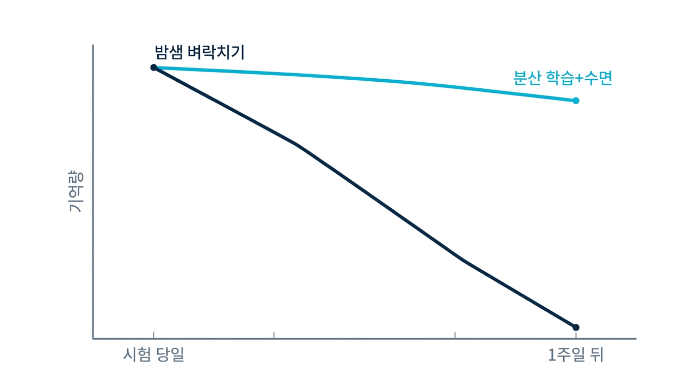 밤샘 공부와 분산 학습+수면의 비교 차트. 시험 당일부터 1주일 뒤까지 밤샘의 기억은 급락하고 분산+수면은 유지된다