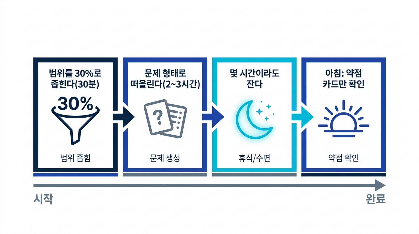 시험 전날 밤의 피해 최소화 타임라인. 범위를 좁히고, 문제 형태로 떠올리고, 몇 시간 자고, 아침에 약점만 재확인
