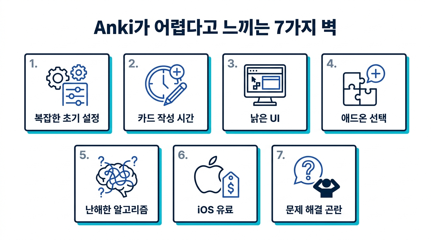 Anki가 어렵다고 느끼는 7가지 벽 - 초기 설정, 카드 작성, UI, 애드온, 알고리즘, iOS 유료, 문제 해결