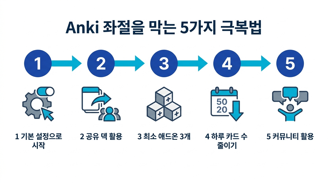 Anki 좌절을 막는 5가지 극복법 - 기본 설정 시작, 공유 덱 활용, 최소 애드온, 하루 카드 수 줄이기, 커뮤니티 활용