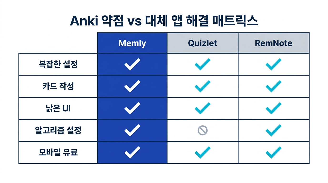 Anki의 약점과 대체 앱의 해결 매트릭스 - 각 약점에 대한 Memly, Quizlet, RemNote의 대응 상황