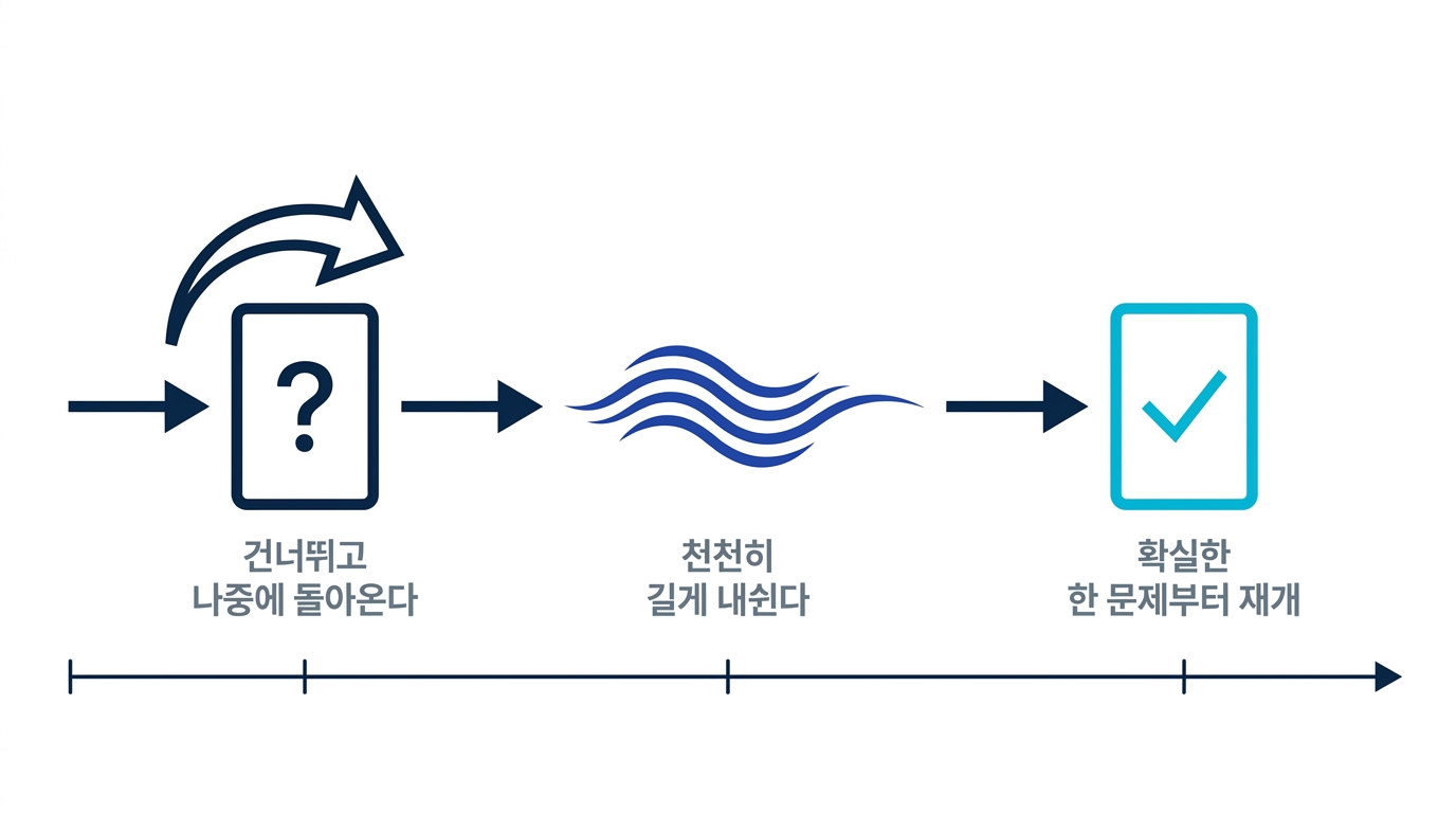 실전에서 머리가 하얘졌을 때의 3단계. 건너뛰고 돌아오기, 천천히 내쉬기, 쉬운 한 문제부터 재개하는 흐름도