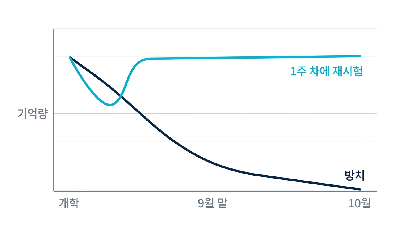 여름에 외운 지식의 9월 이후 추이. 방치하면 급격히 사라지지만 개학 직후에 다시 시험하면 유지된다