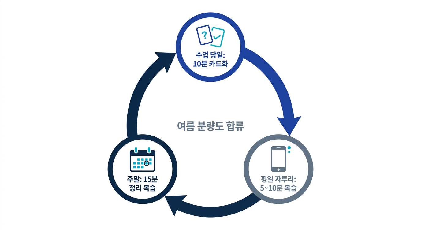 2학기 주간 루프. 수업 당일 카드화, 평일 자투리 복습, 주말 정리 복습이 돌고 여름 지식도 같은 흐름에서 유지된다