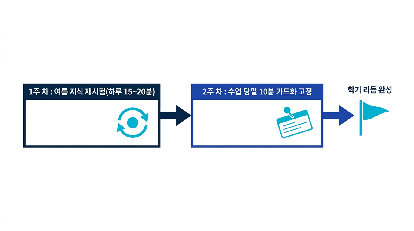 개학 후 2주 설치 플랜. 1주 차는 여름 지식 재시험, 2주 차는 수업 당일 카드화 습관 고정