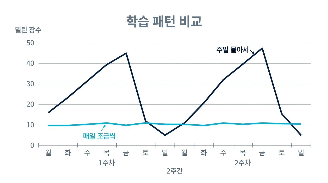 주말 몰아서 하기와 매일 조금씩 복습하기의 밀림 정도와 기억 유지량 비교 차트