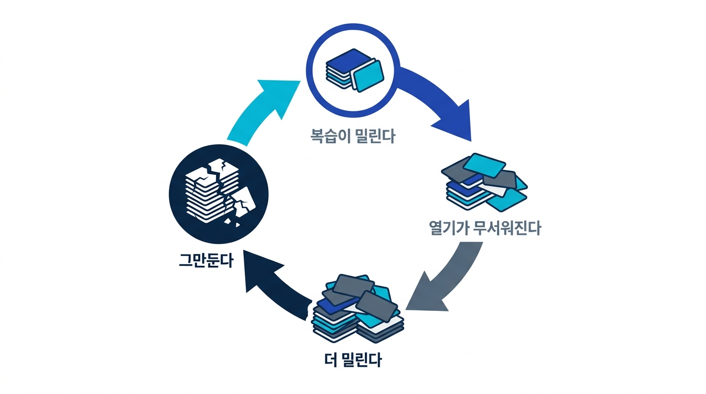 복습이 밀리고, 열기 무서워지고, 더 밀리고, 그만두는 정체 악순환의 도식