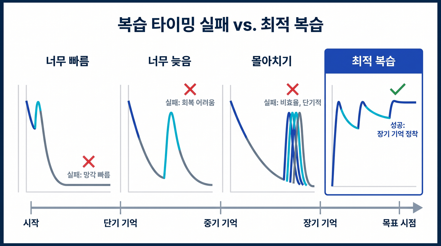 복습 타이밍의 전형적인 실패 패턴 3개 - 생각날 때 주의·직전 정리 복습·등간격 반복의 한계