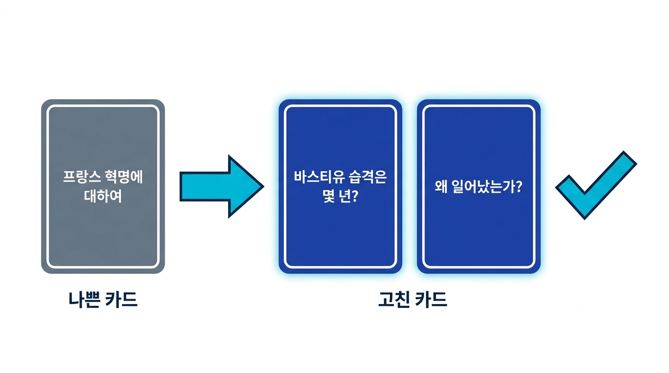 안 외워지는 카드를 외워지는 카드로 고치는 비포·애프터 예시. 모호한 질문을 하나의 답이 나오는 질문으로, 큰 카드를 분할