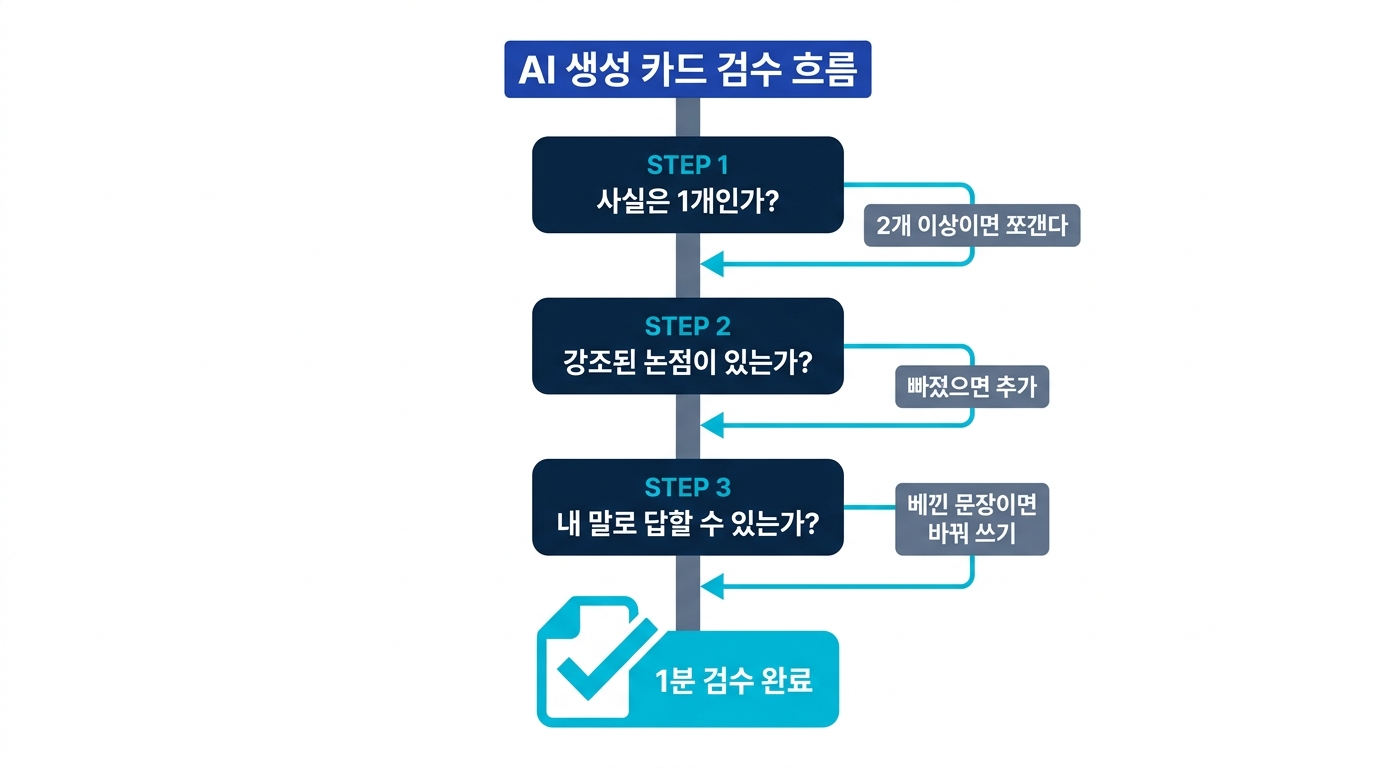 AI 생성 카드를 1분 만에 검수하는 3가지 포인트(사실 개수, 강조 논점 누락, 질문 형태)를 보여 주는 체크 플로우