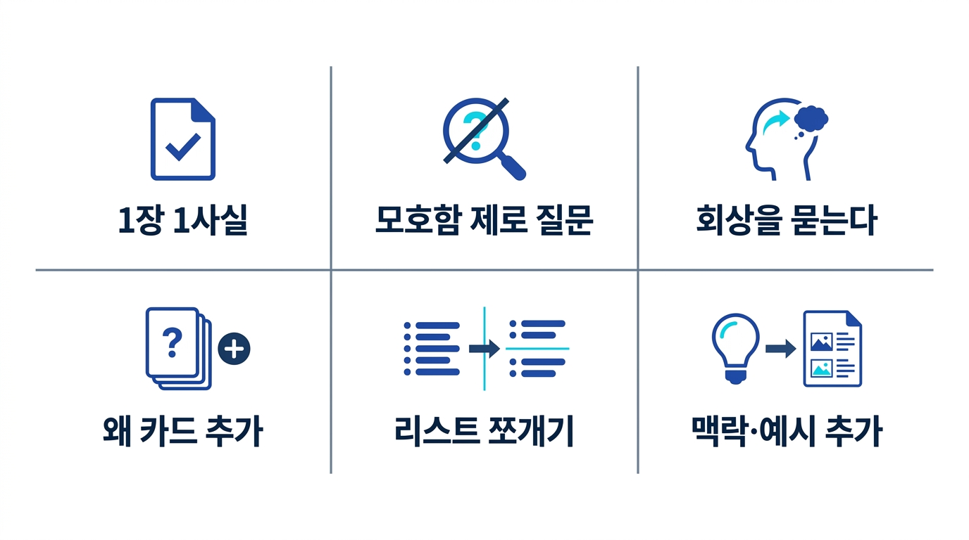 외워지는 암기카드의 6원칙(1장 1사실, 모호함 제로, 회상을 묻기, 왜 카드, 리스트 쪼개기, 맥락 추가)을 정리한 도식