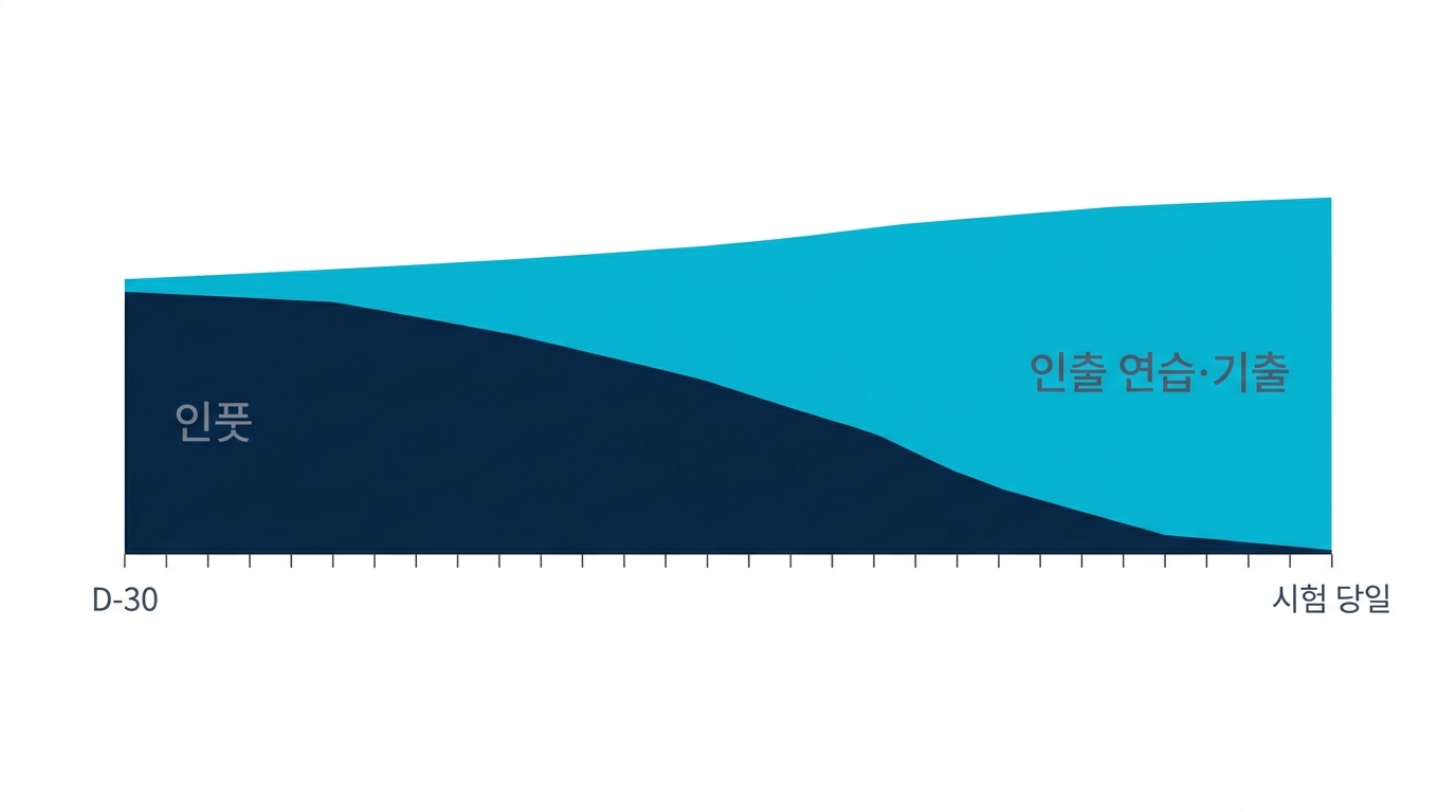 30일 동안 인풋 비중이 줄고 인출 연습과 기출 연습 비중이 늘어나는 추이를 보여 주는 영역 그래프