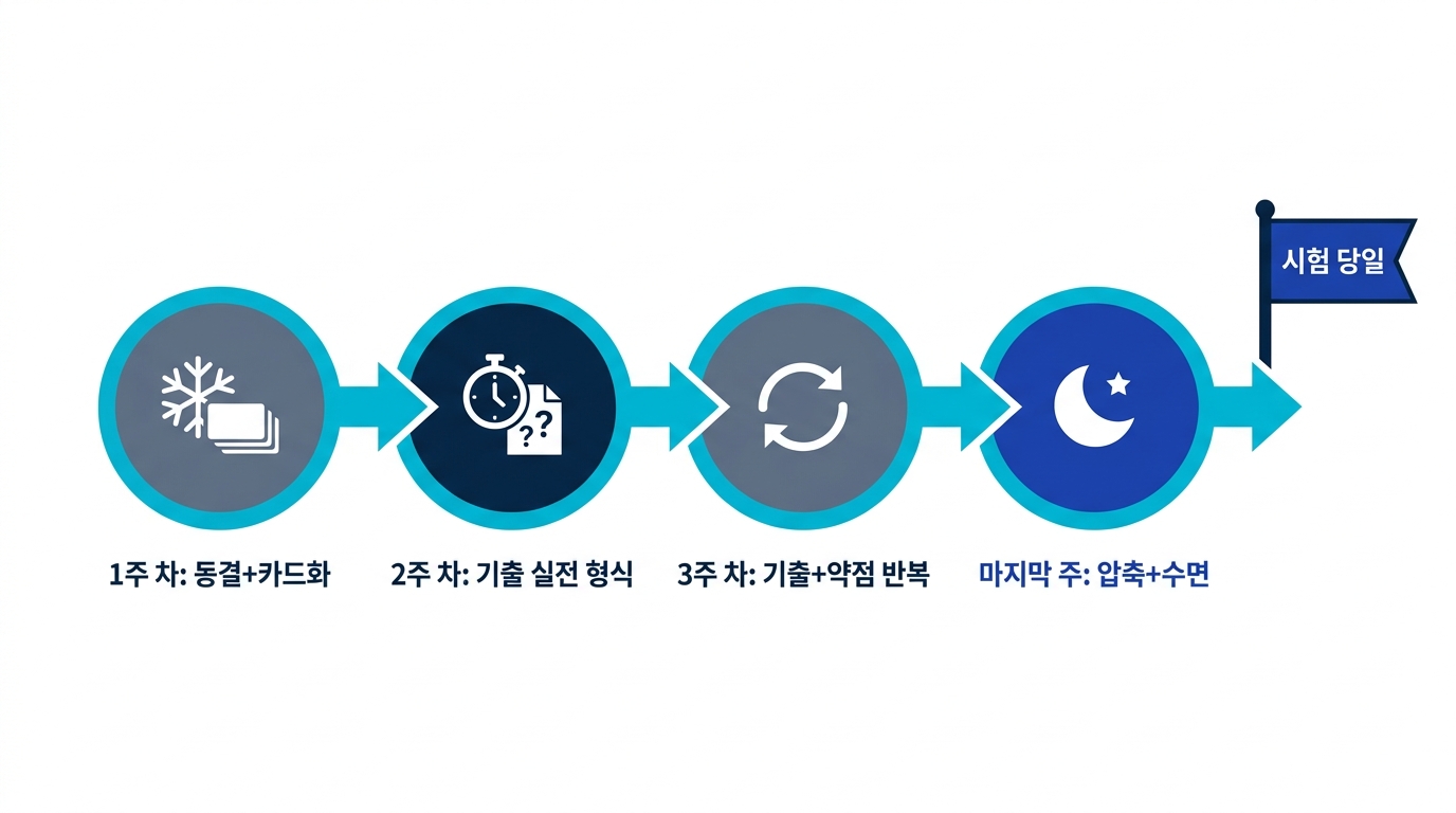 시험 1개월 전 주 단위 플랜. 1주 차는 동결과 카드화, 2에서 3주 차는 기출과 약점 보충, 마지막 주는 압축과 수면