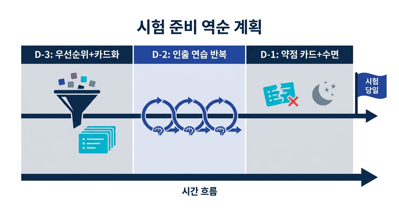 시험 3일 전 역산 플랜. D-3는 우선순위 정리와 카드 만들기, D-2는 인출 연습, D-1은 약점 카드와 수면