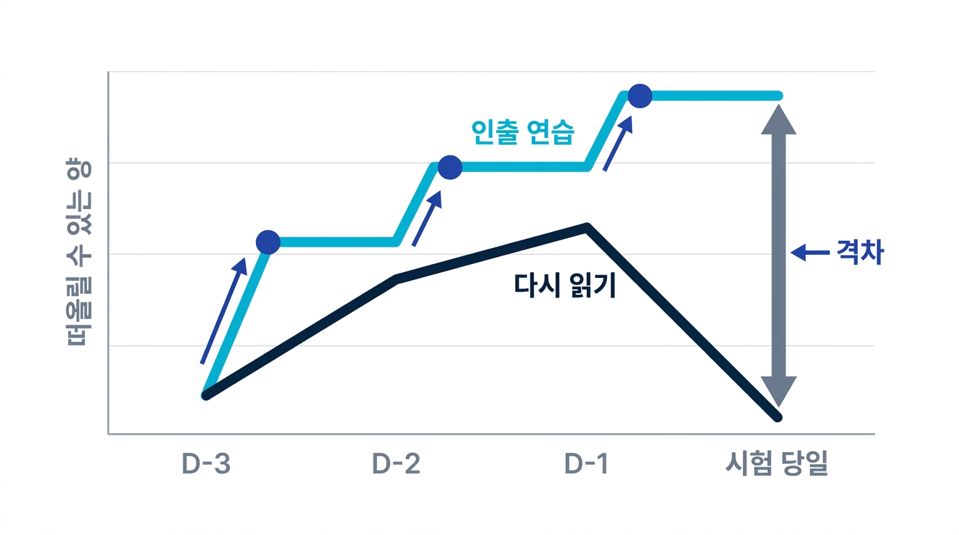 다시 읽기와 인출 연습의 시험 당일 기억률 비교. 다시 읽기는 빠르게 잊히고 인출 연습은 오래 남는다