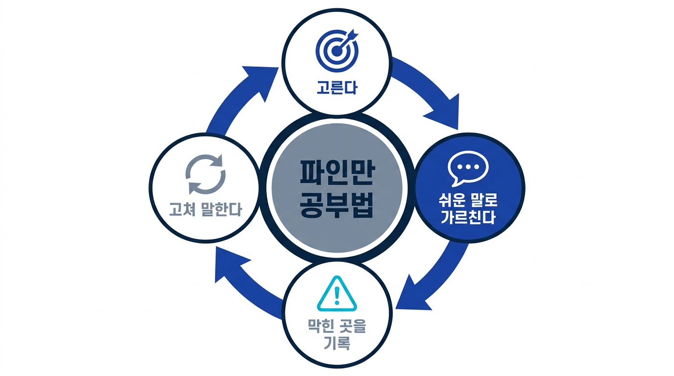 파인만 공부법 4단계 순환도. 고르고, 쉽게 가르치고, 막힌 곳을 기록하고, 고쳐 말하기를 반복한다