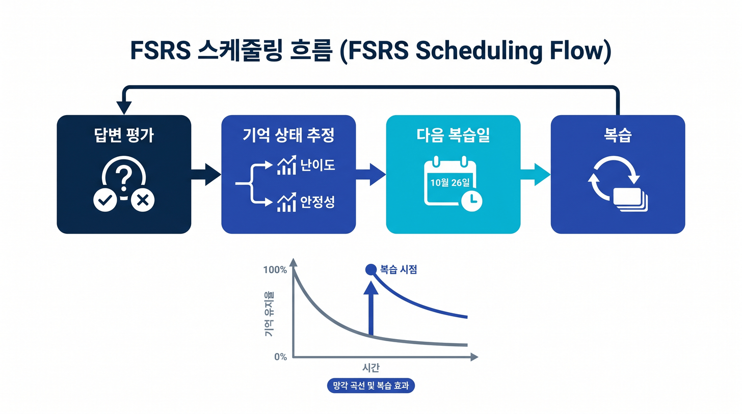 Memly의 FSRS 스케줄링 플로 - 사용자의 답변이 기억 모델을 업데이트하고 다음 복습일을 90% 보유 확률로 산출하는 구조