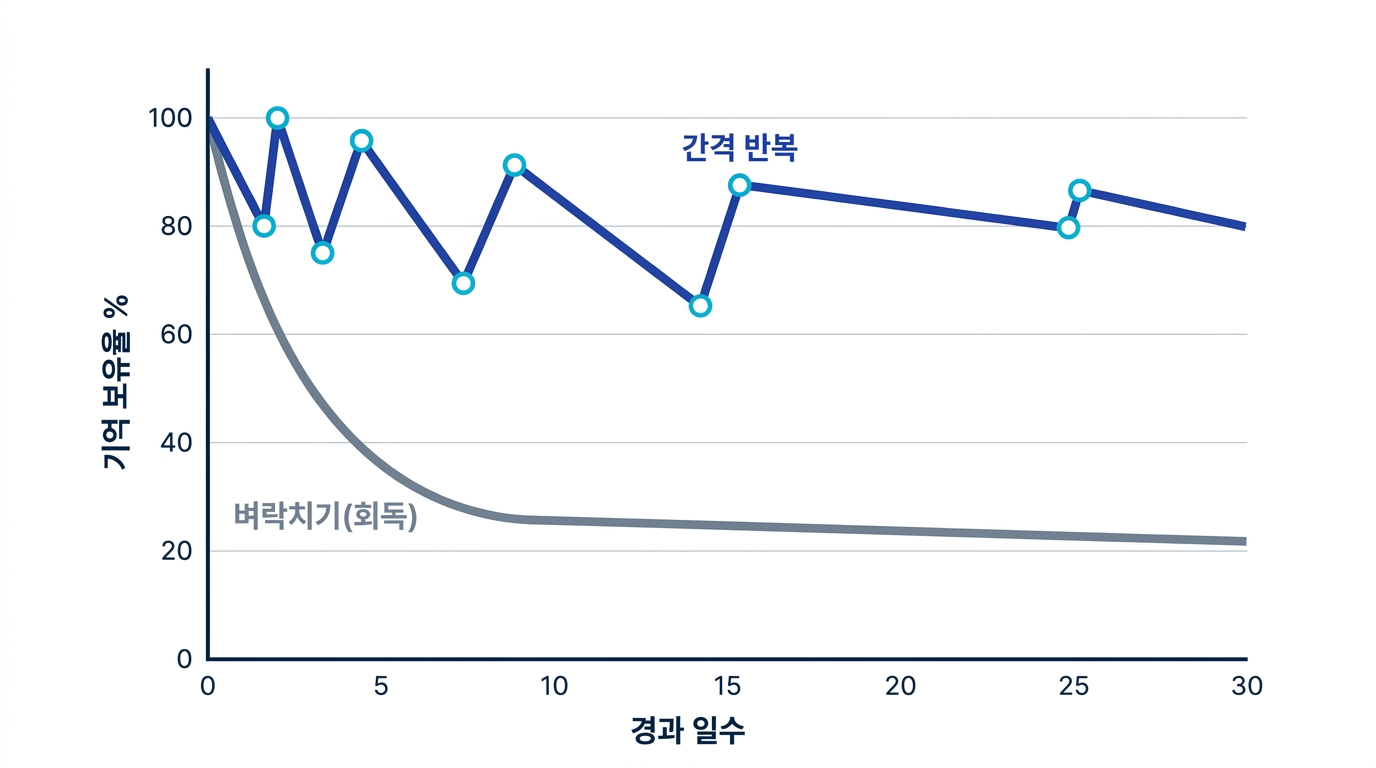 공무원 시험 한국사 벼락치기와 간격 반복의 30일간 기억 보유율 비교 곡선 그래프