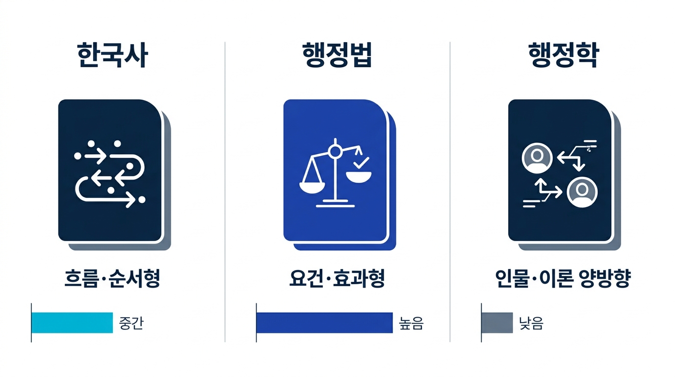 공무원 한국사 행정법 행정학 과목별 암기 카드 설계 전략과 권장 카드 수 도식