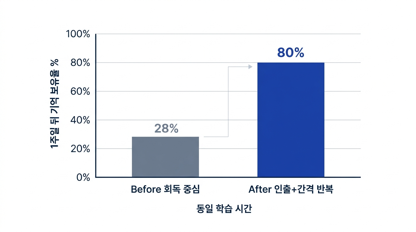 회독 중심 공부와 인출 간격 반복 암기의 학습 시간 대비 기억 보유율 Before After 비교 막대 그래프