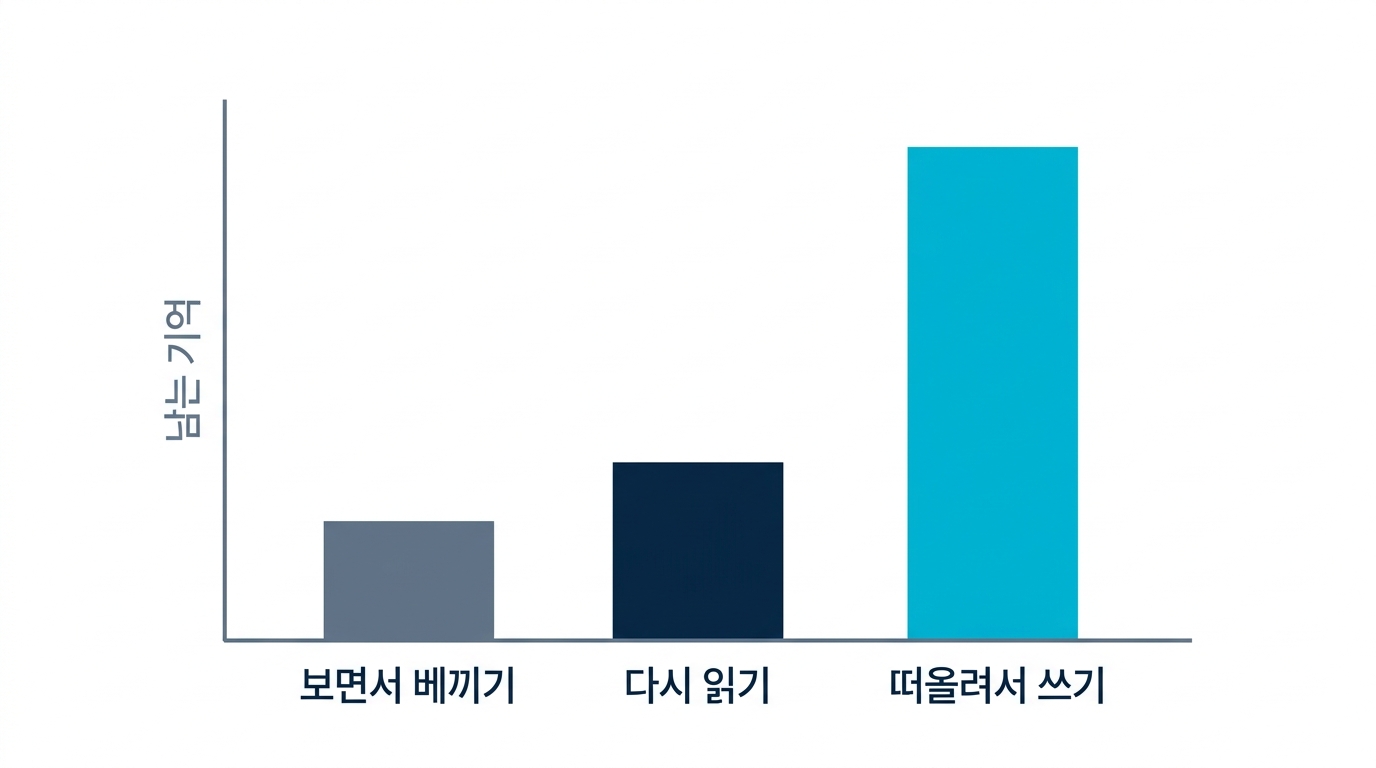 같은 30분을 베끼기, 다시 읽기, 떠올려 쓰기에 쓴 경우의 정착 차이를 보여 주는 비교 차트. 떠올려 쓰기가 가장 오래 남는다