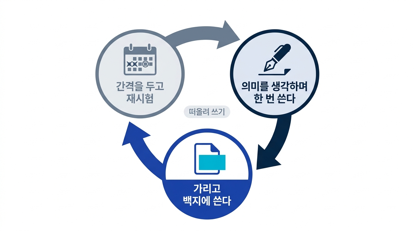 한 번 관찰하며 쓰고, 가리고 백지에 쓰고, 간격을 두고 재시험하는 떠올려 쓰기 사이클 도식