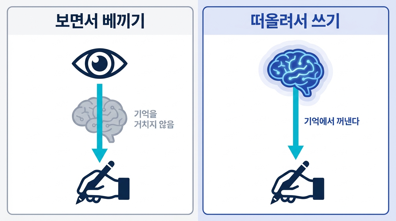 보면서 베낄 때는 정보가 눈에서 손으로 그냥 지나가고, 떠올리면서 쓸 때는 기억에서 꺼내는 공정이 생기는 것을 보여 주는 비교 도식